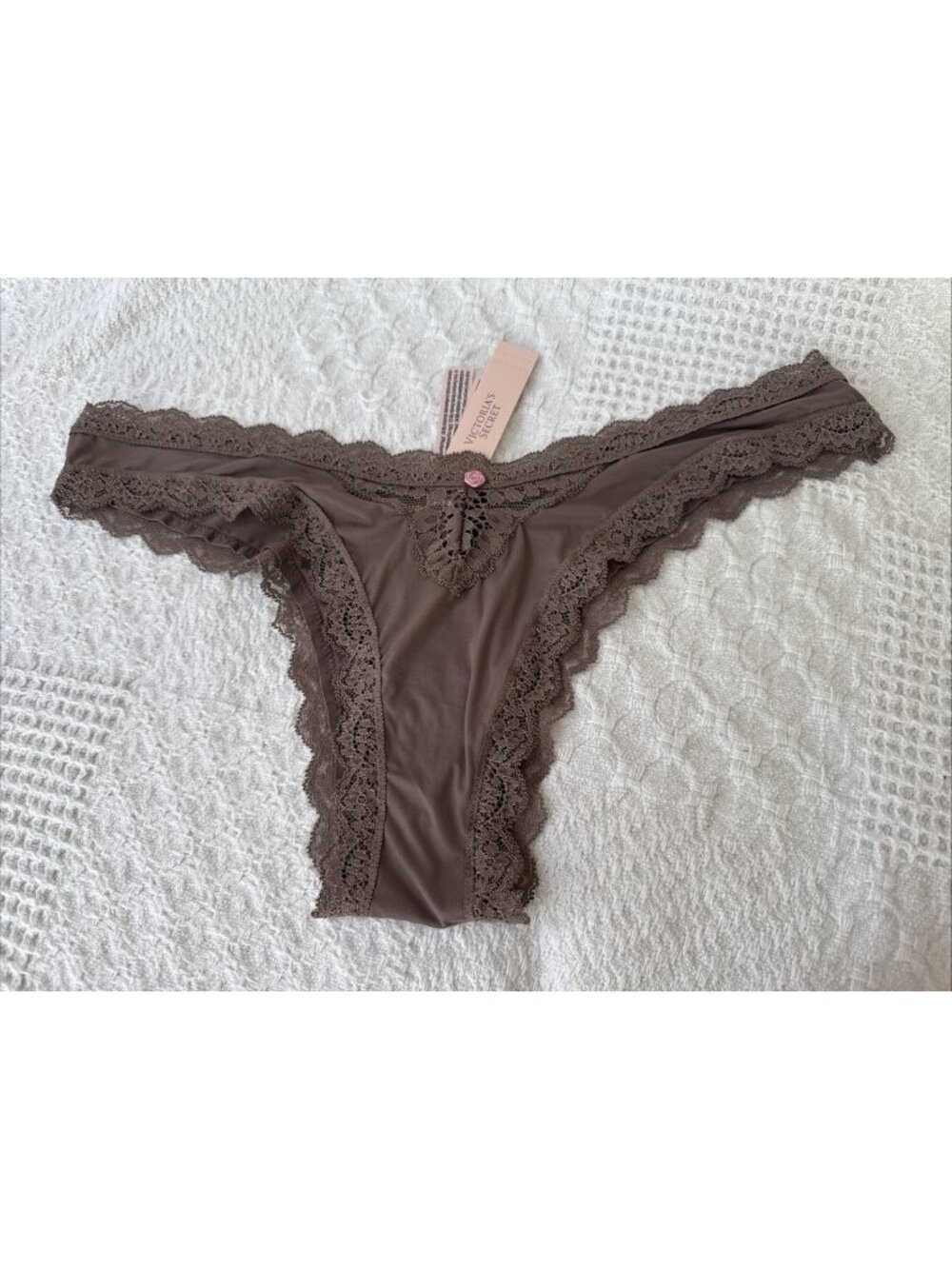 VICTORIA'S SECRET M HIGH LEG BRAZILIAN BROWN PINK BOW LACE THONG PANTIES NWT